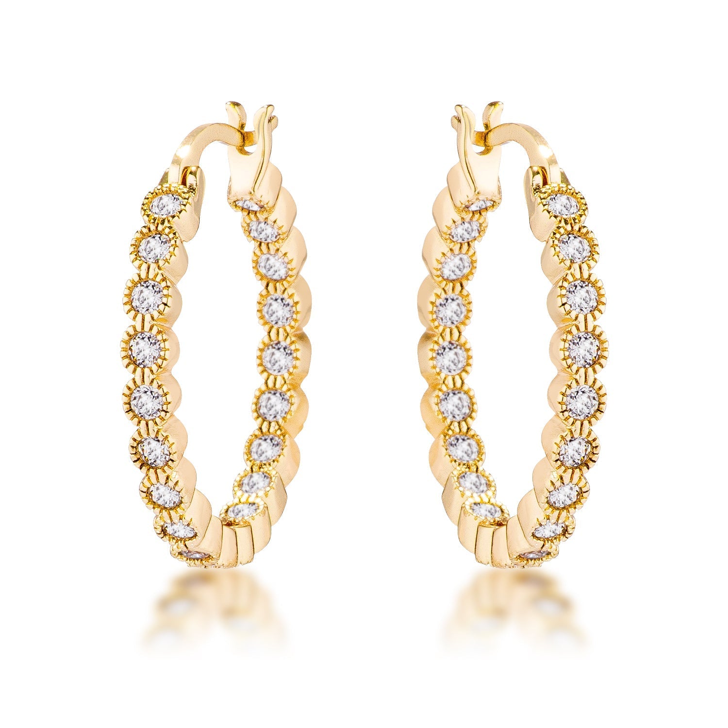Avera Dotted CZ Round Bezel Hoop Earrings in Pink