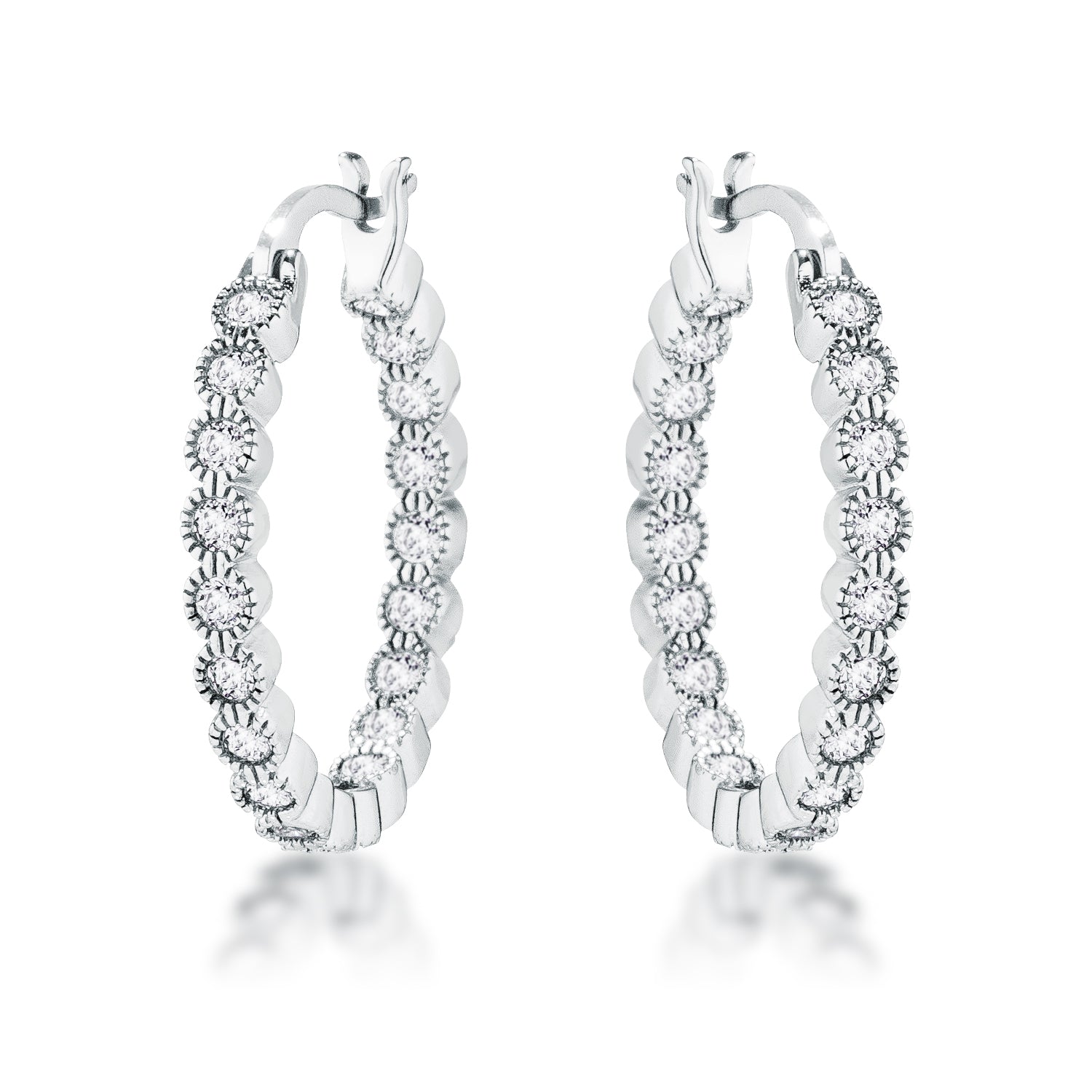 Avera Dotted CZ Round Bezel Hoop Earrings in Pink DestGlow