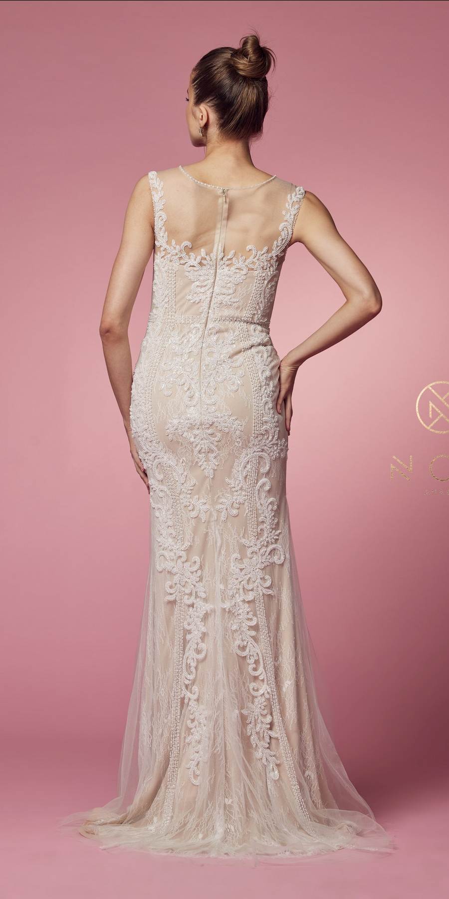 Nox Anabel E1006 Fitted Sheath Formal Lace Dress with Illusion Neckline by DiscountDressShop