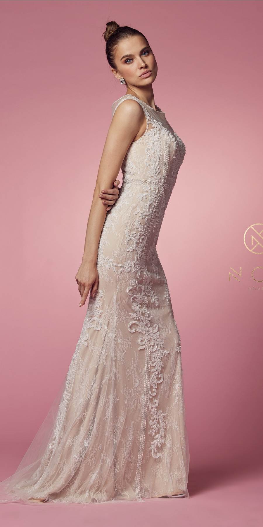 Nox Anabel E1006 Fitted Sheath Formal Lace Dress with Illusion Neckline by DiscountDressShop