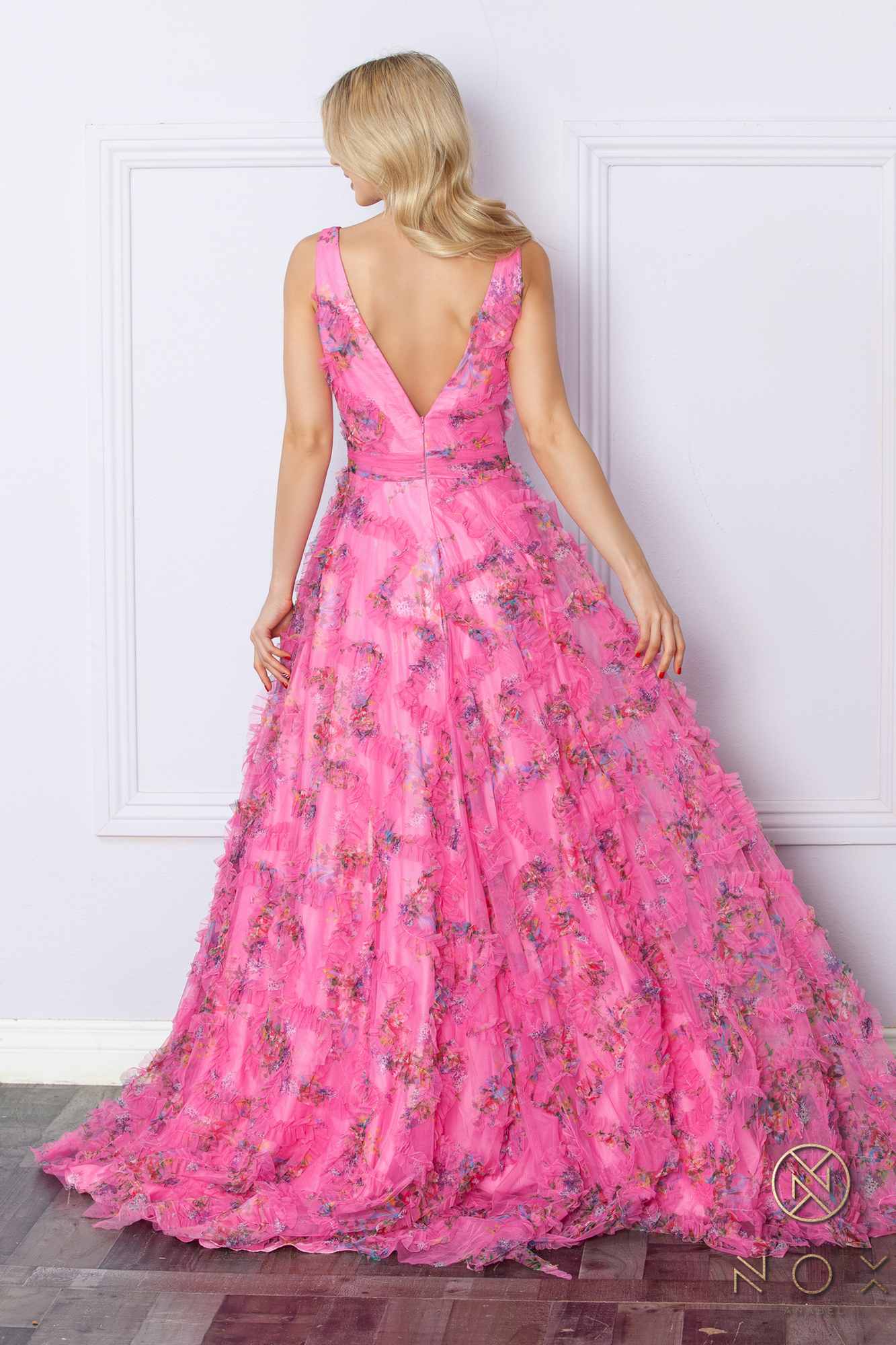 Nox Anabel E1445 Long A-Line V-Neck Floral Print Evening Gown - DestGlow