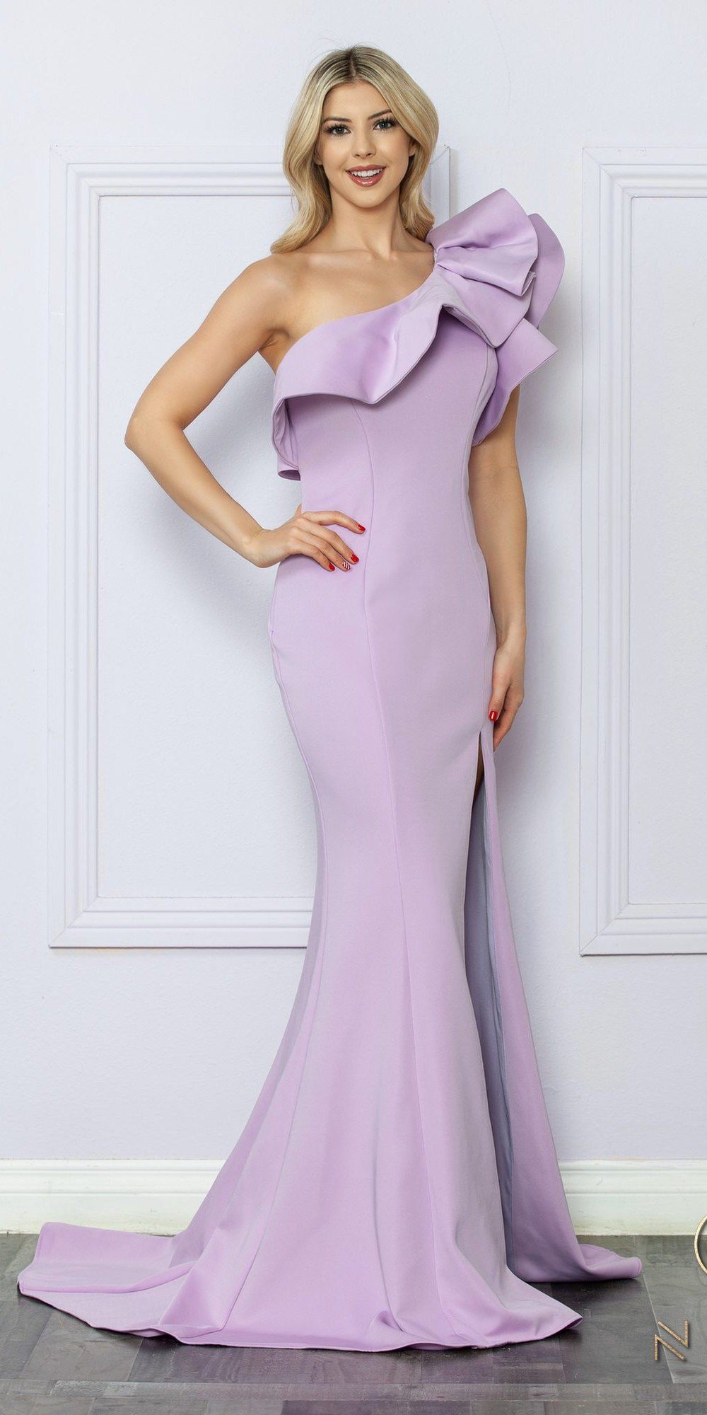 Nox Anabel E467 Long Sheath One Shoulder Ruffle Overlay Strap Gown by DiscountDressShop