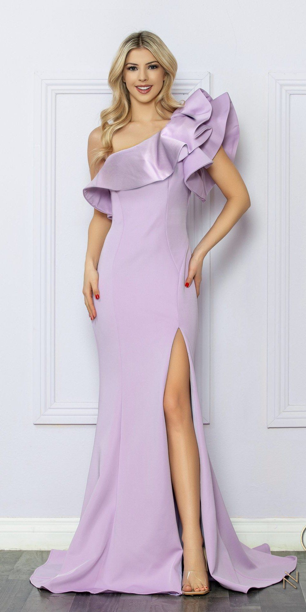 Nox Anabel E467 Long Sheath One Shoulder Ruffle Overlay Strap Gown by DiscountDressShop