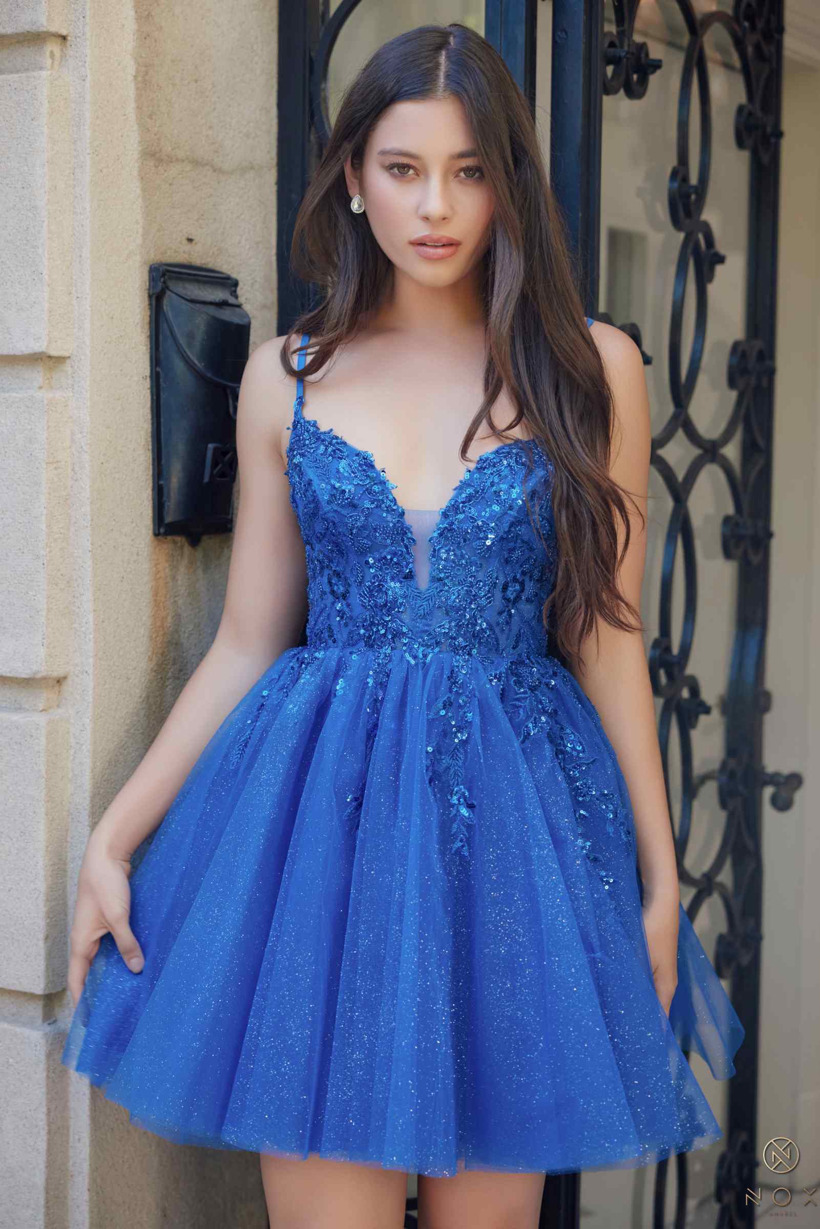 Nox Anabel E902 Short A-Line Applique Sleeveless Homecoming Dress DestGlow