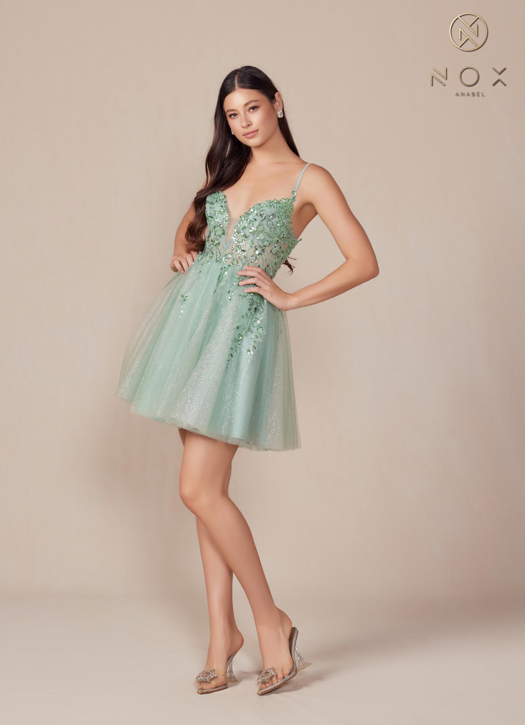 Nox Anabel E902 Short A-Line Applique Sleeveless Homecoming Dress DestGlow