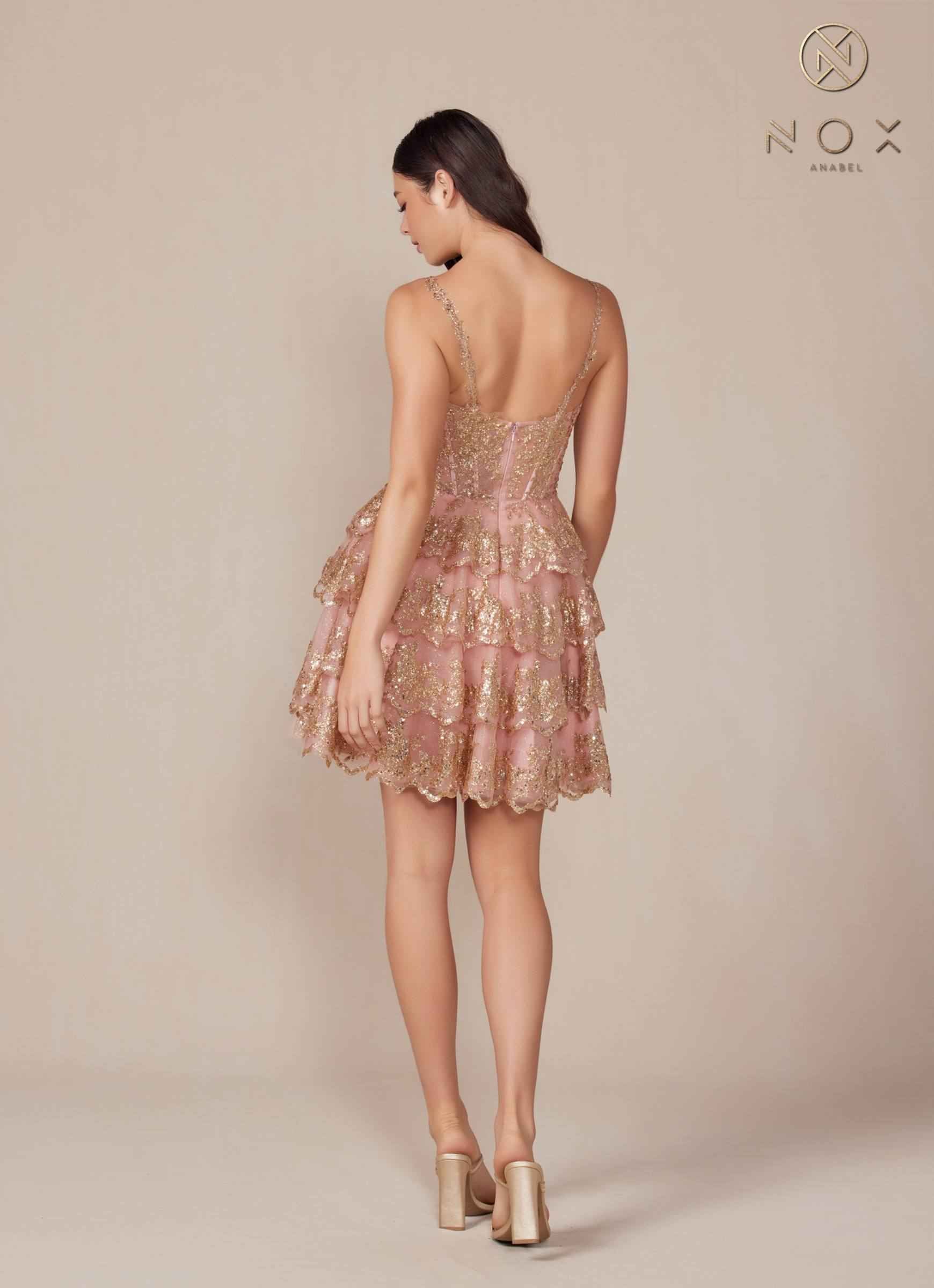 Nox Anabel E914 Short Applique Tiered A-Line Dress DestGlow