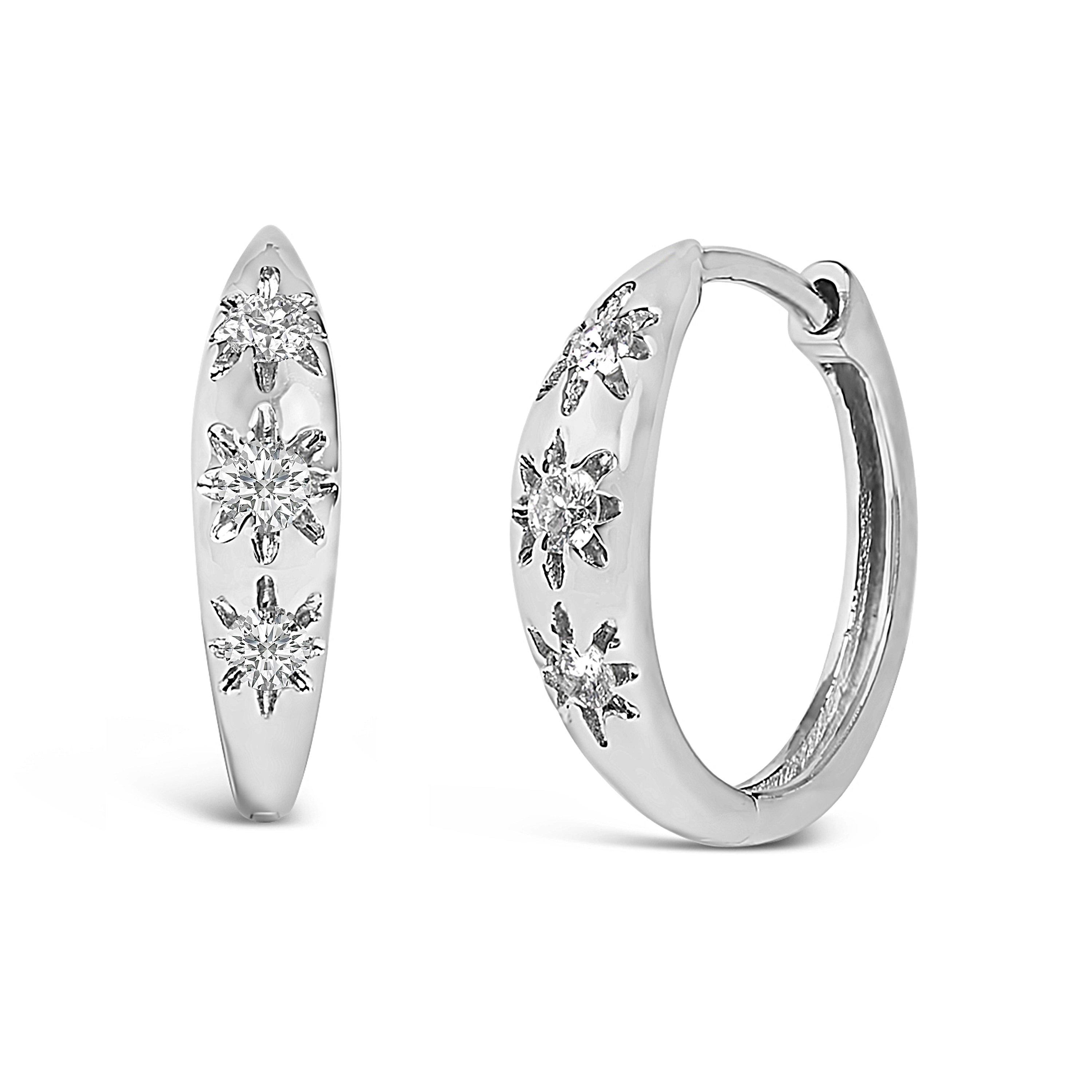 10K White Gold 1/5 Cttw Lab Grown Diamond Three Stone Huggie Hoop Earrings DestGlow