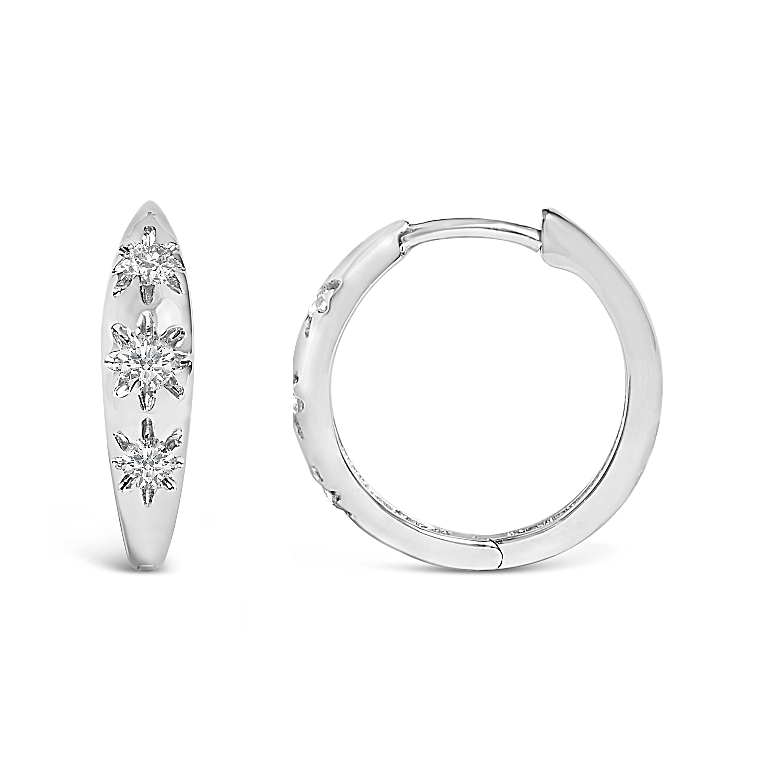 10K White Gold 1/5 Cttw Lab Grown Diamond Three Stone Huggie Hoop Earrings DestGlow