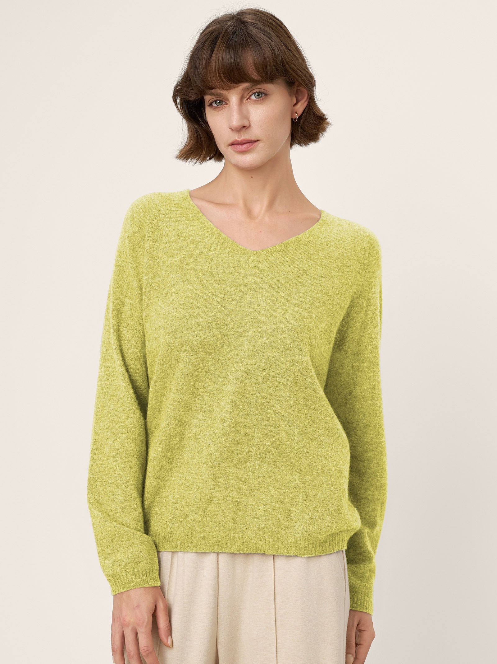 Mongolian Cashmere & Mulberry Silk Seamless Ribbed Trim V-Neck Sweater TESSA by LINTICO