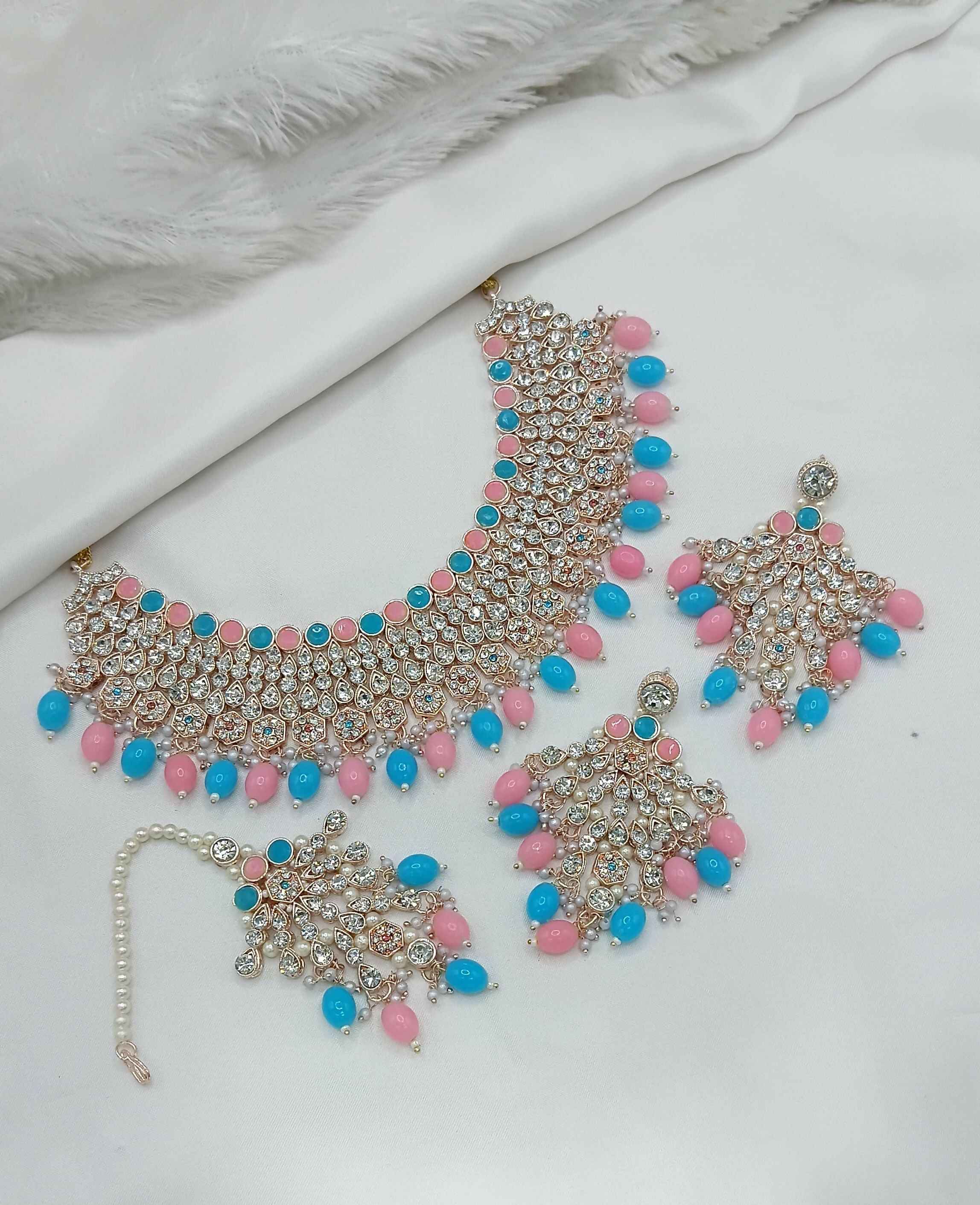 Joban Fashion Pink-Blue Stone Work Necklace Set