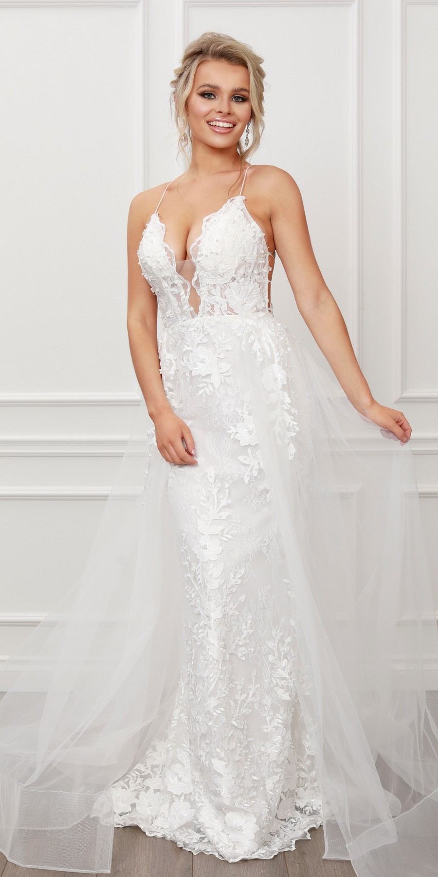 Nox Anabel F485 Lace and Beads Mermaid Gown Chiffon Overskirt by DiscountDressShop