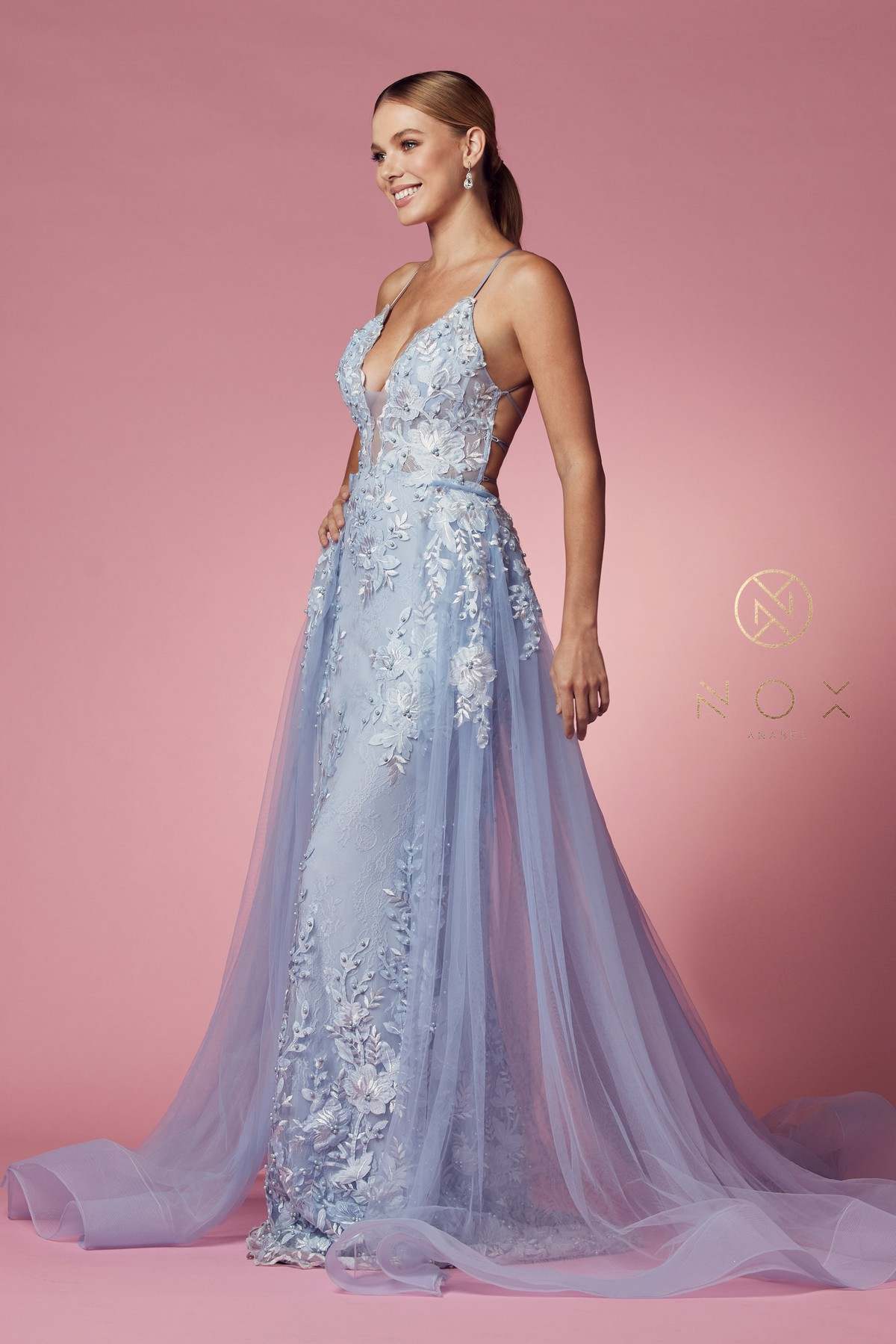 Nox Anabel F485 Lace and Beads Mermaid Gown Chiffon Overskirt by DiscountDressShop