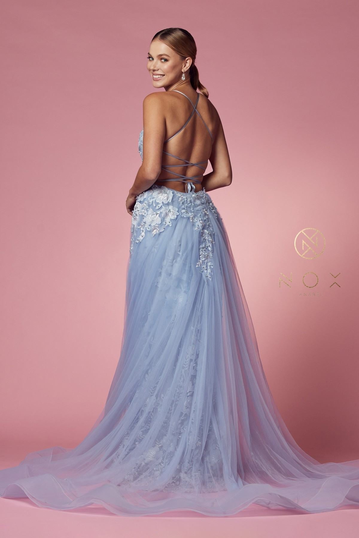Nox Anabel F485 Lace and Beads Mermaid Gown Chiffon Overskirt by DiscountDressShop