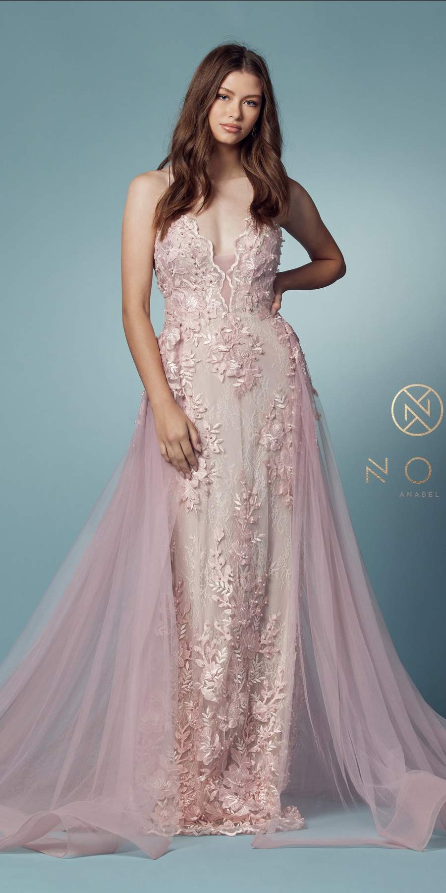 Nox Anabel F485 Lace and Beads Mermaid Gown Chiffon Overskirt by DiscountDressShop