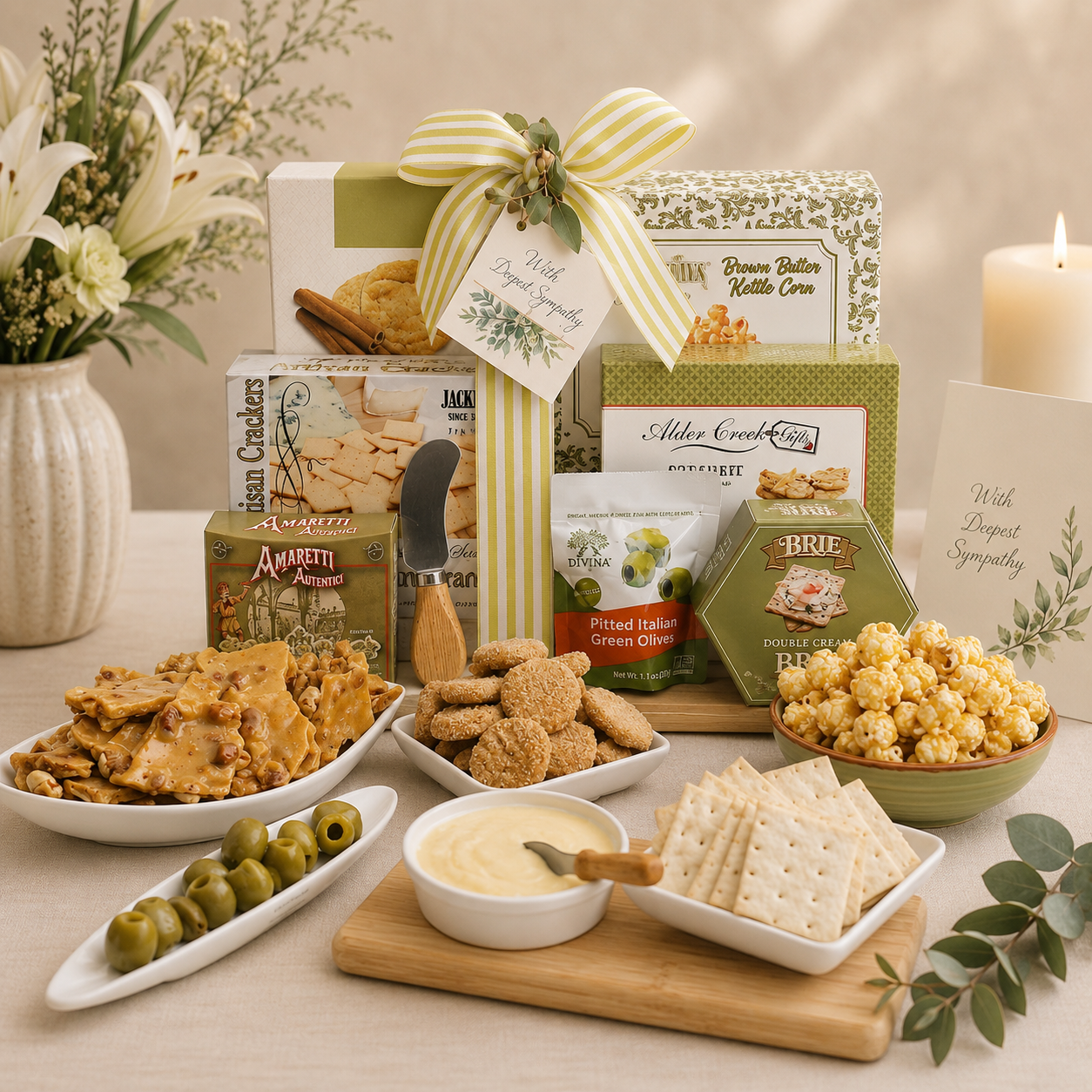 With Sympathy Cutting Board Gift Basket DestGlow