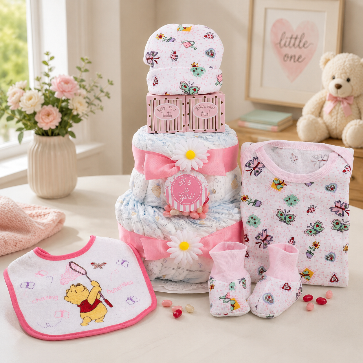 Sweet Baby Girl Diaper Cake Gift Basket