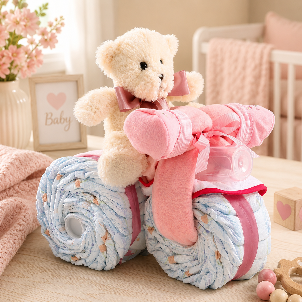 Pink Tricycle Diaper Cake Gift Basket DestGlow