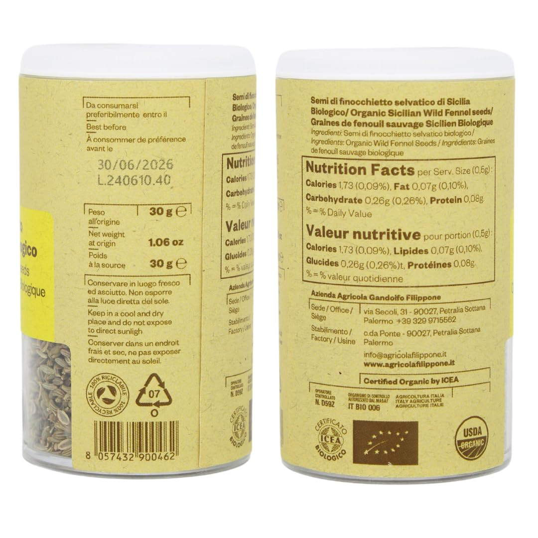 Filippone, Organic Sicilian Fennel Seed, Italian Wild Fennel Seeds, 1.06oz