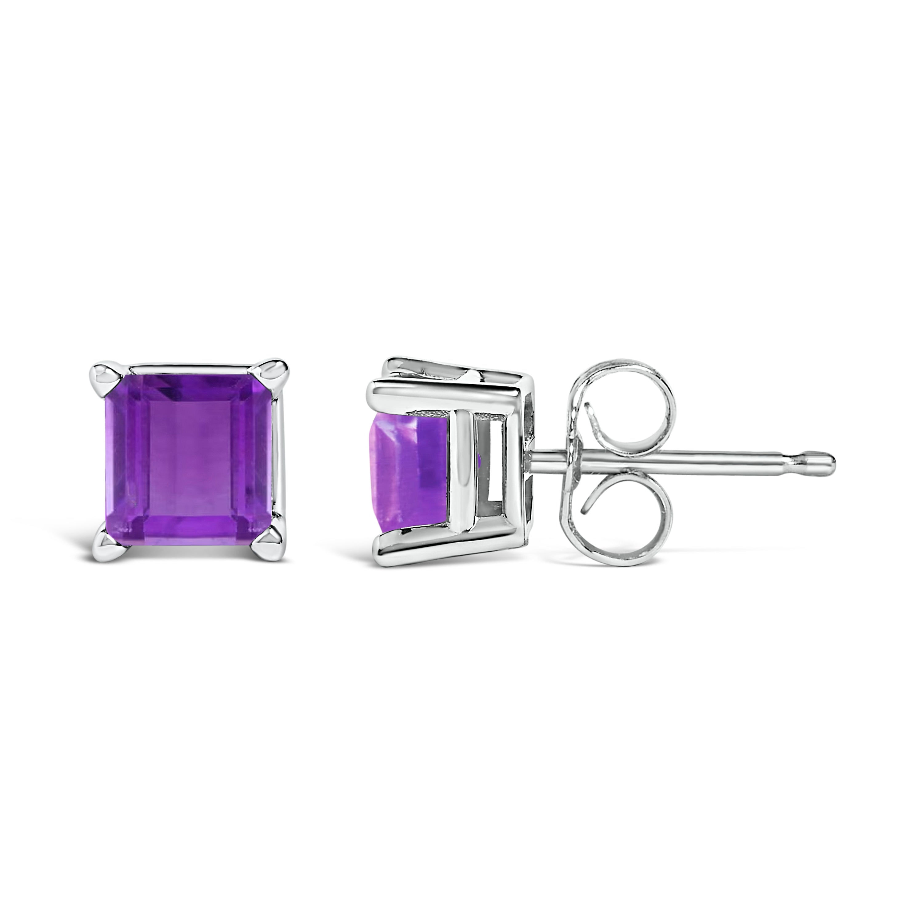 14K White Gold 5x5MM Princess Cut Purple Amethyst Solitaire Stud Earrings DestGlow