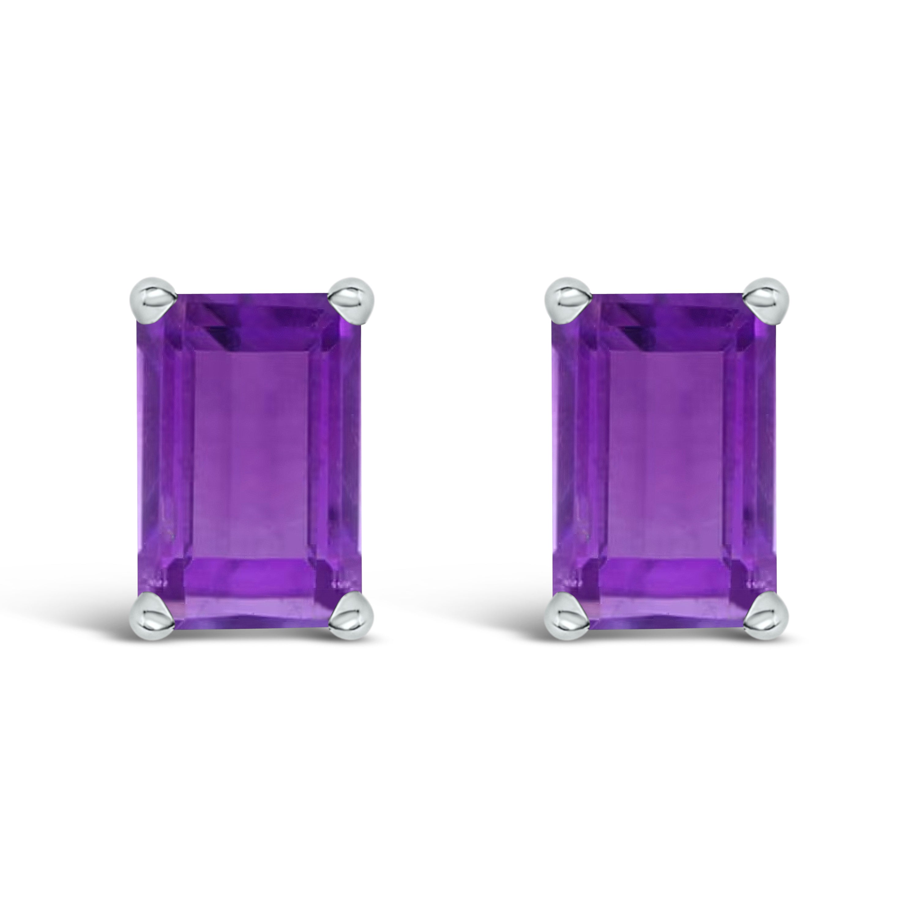 14K White Gold 6x4MM Emerald Shaped Amethyst Solitaire Stud Earrings DestGlow