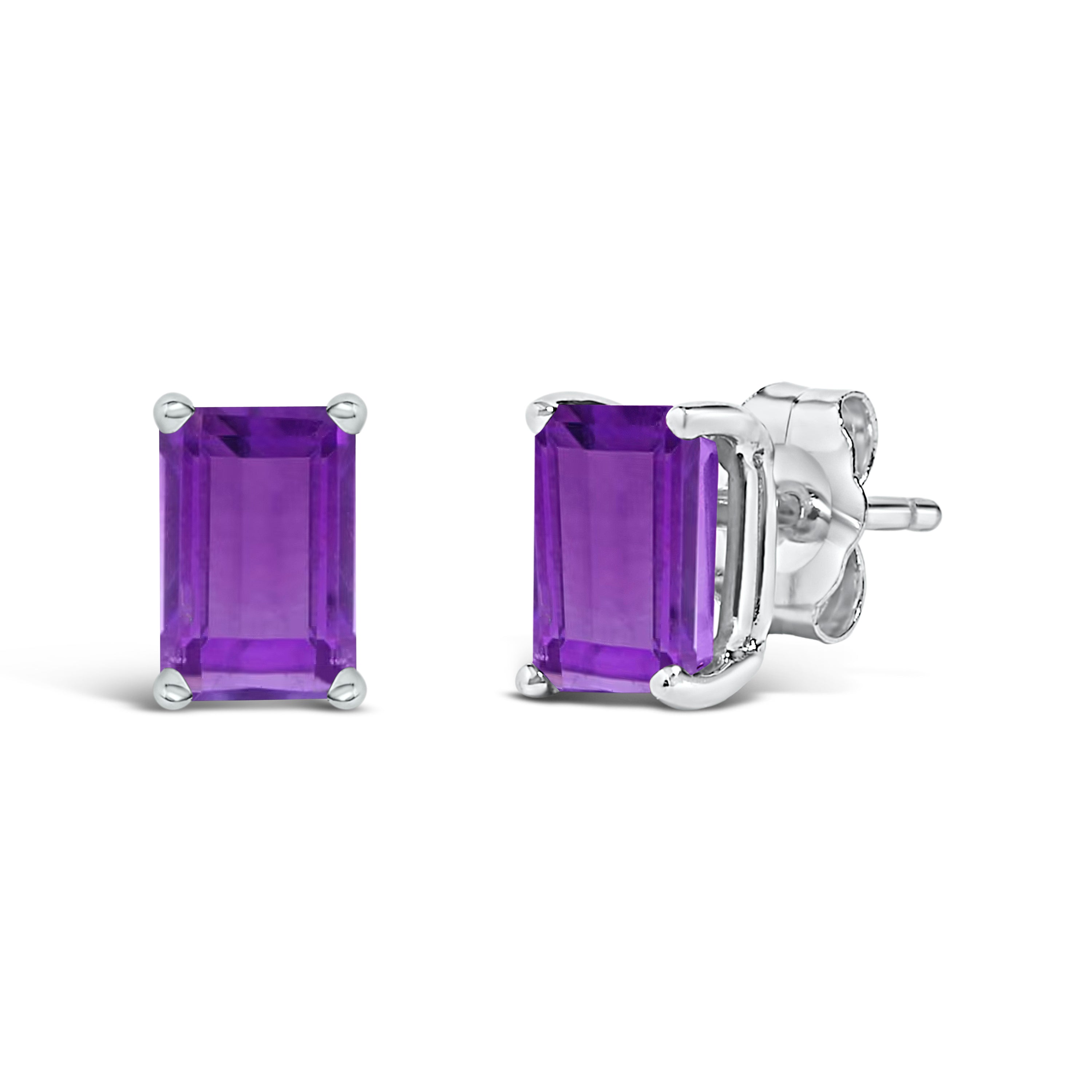 14K White Gold 6x4MM Emerald Shaped Amethyst Solitaire Stud Earrings DestGlow