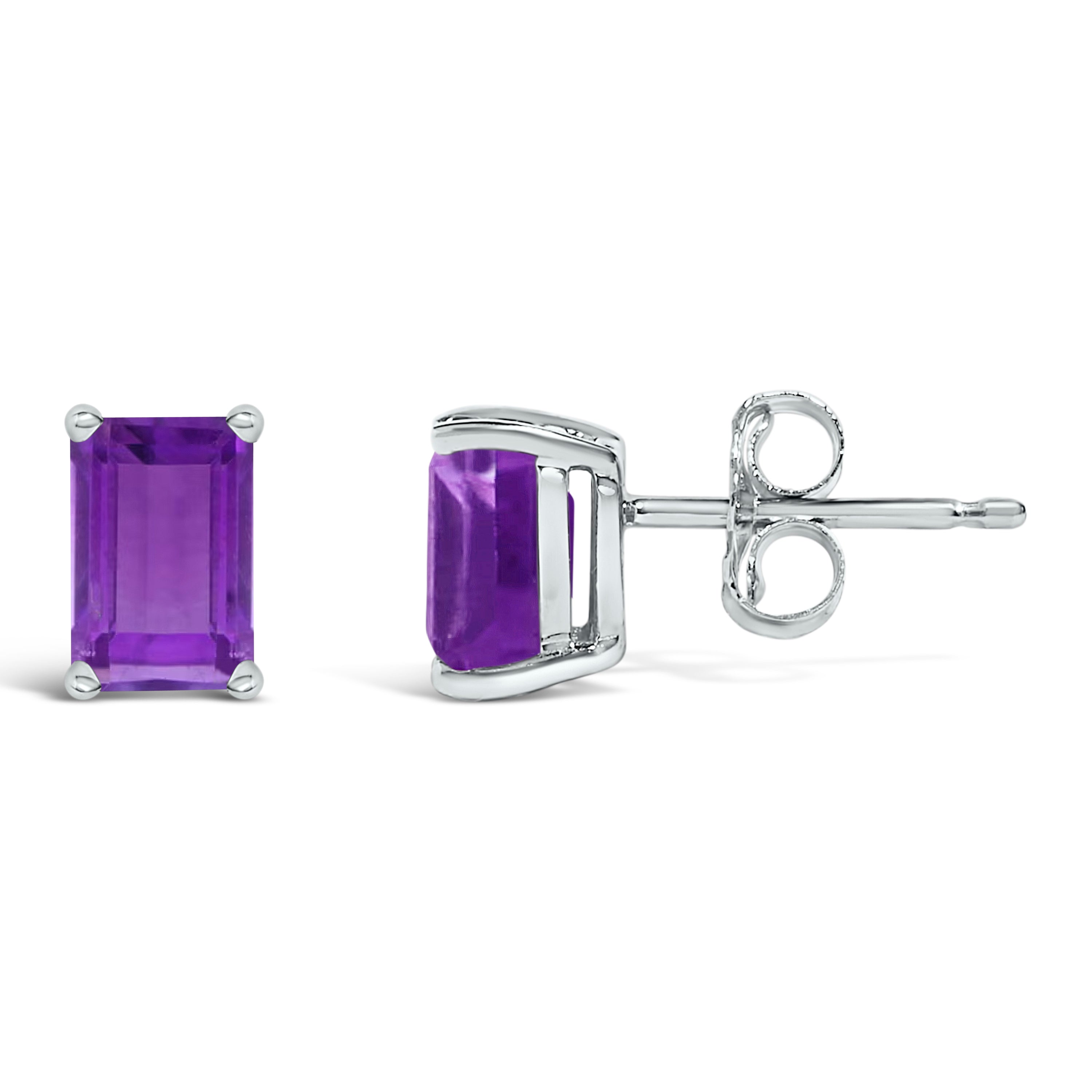 14K White Gold 6x4MM Emerald Shaped Amethyst Solitaire Stud Earrings DestGlow
