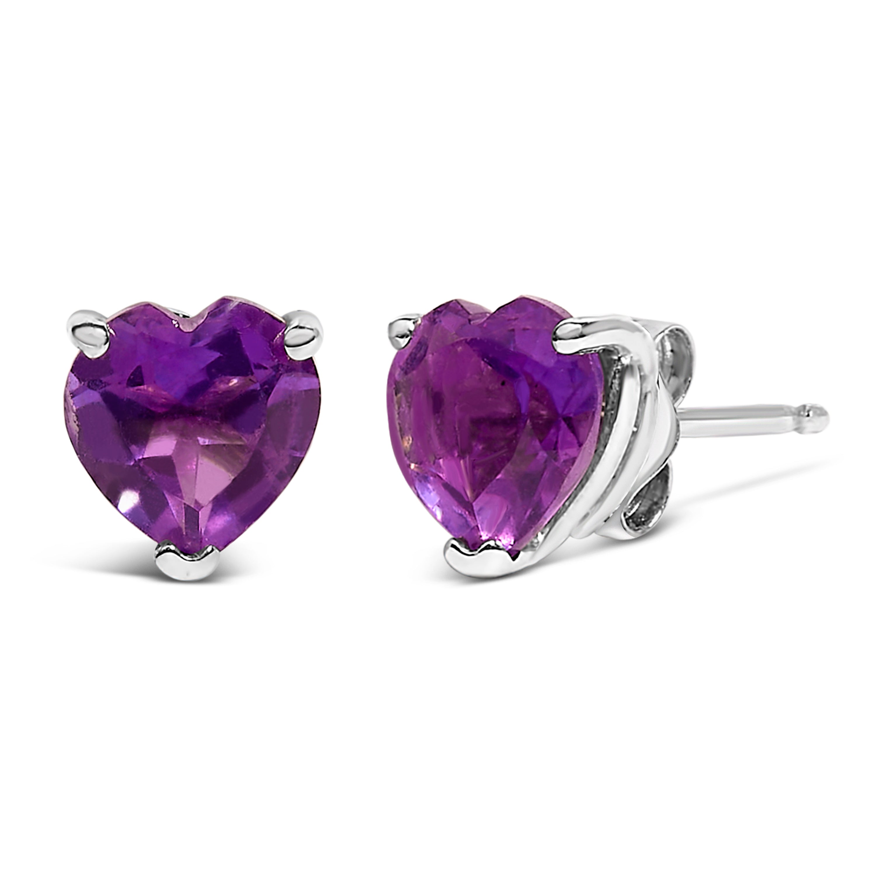 14K White Gold 5MM Heart Cut Purple Amethyst Solitaire Stud Earrings DestGlow