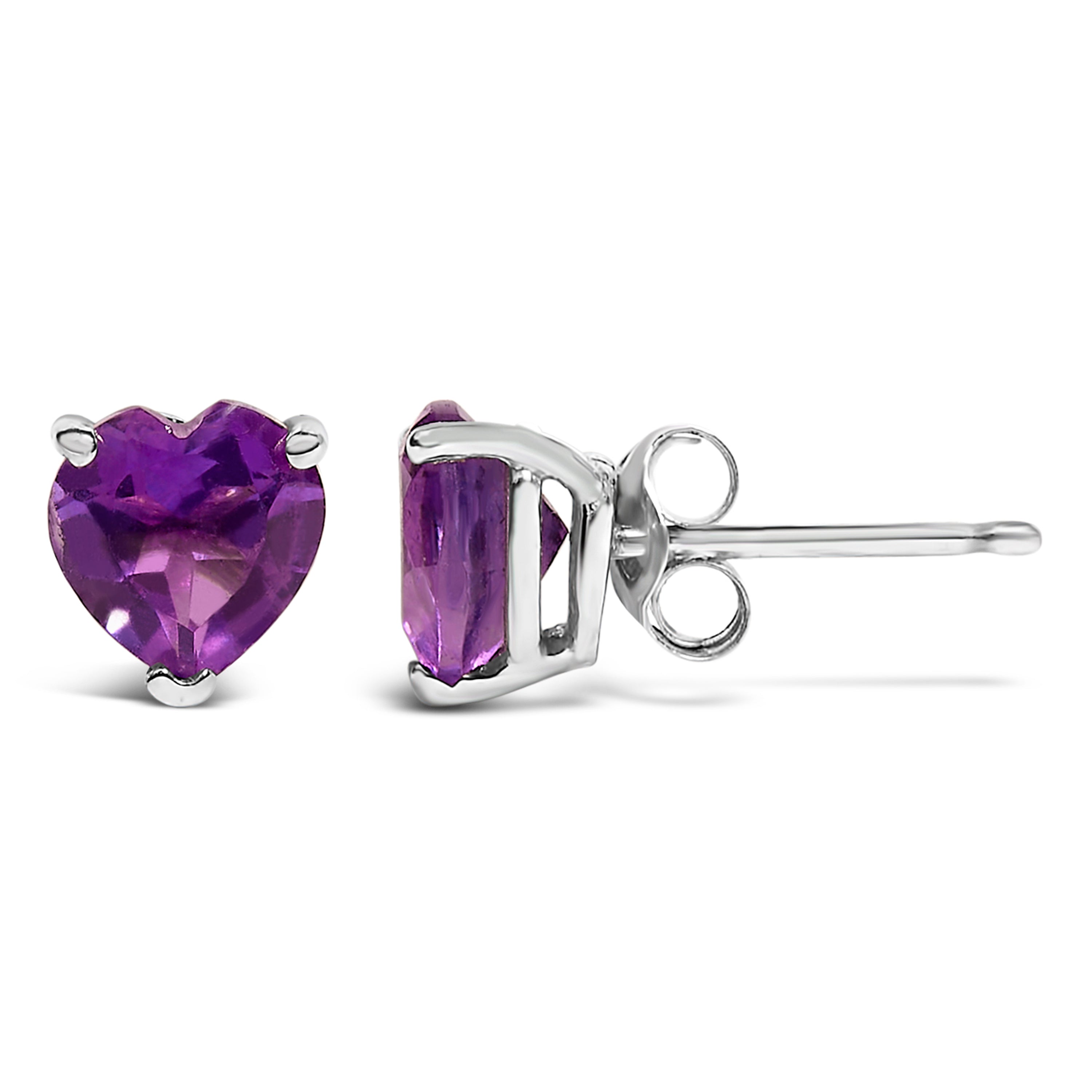 14K White Gold 5MM Heart Cut Purple Amethyst Solitaire Stud Earrings DestGlow