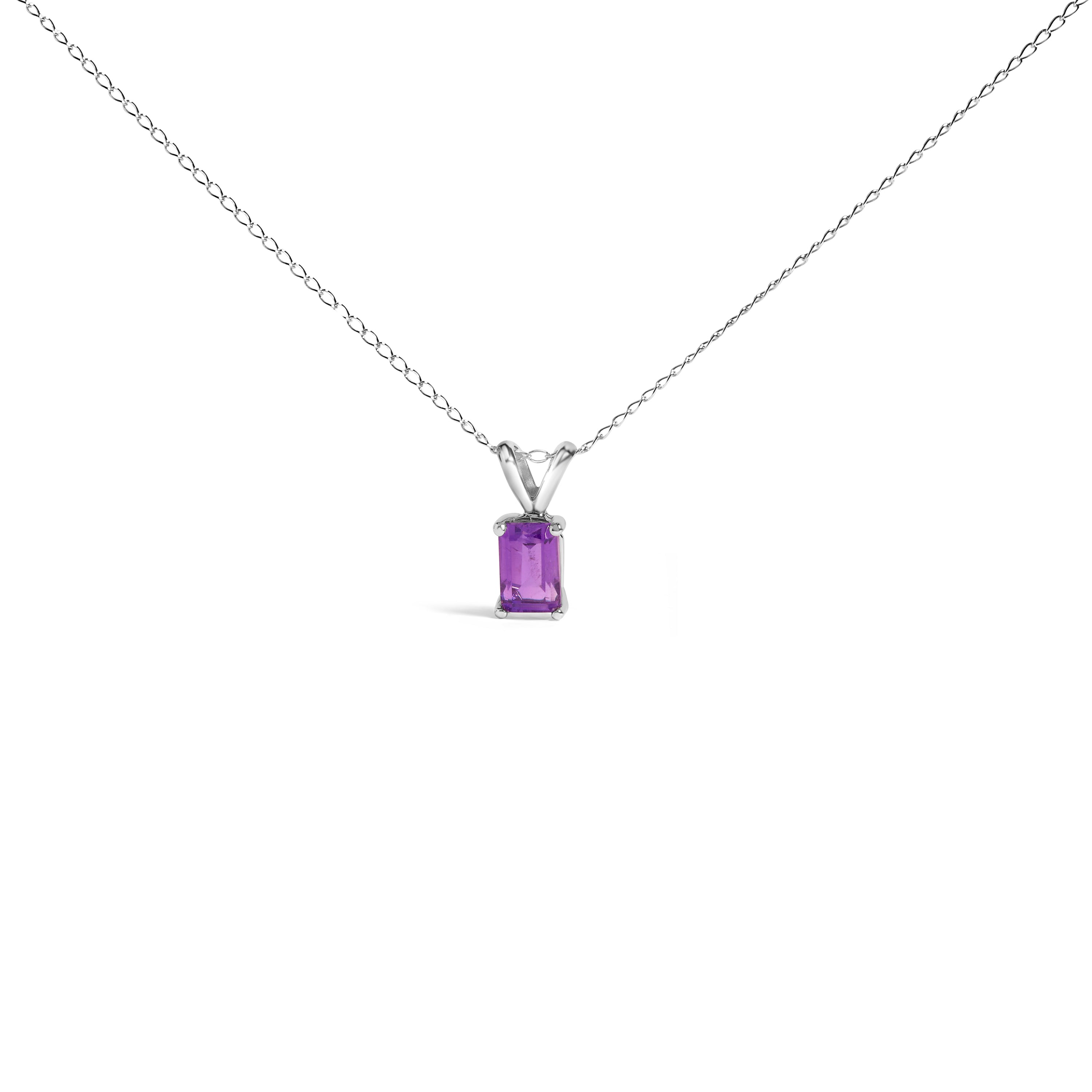 14K White Gold 6x4MM Emerald Cut Purple Amethyst Solitaire Pendant Necklace DestGlow