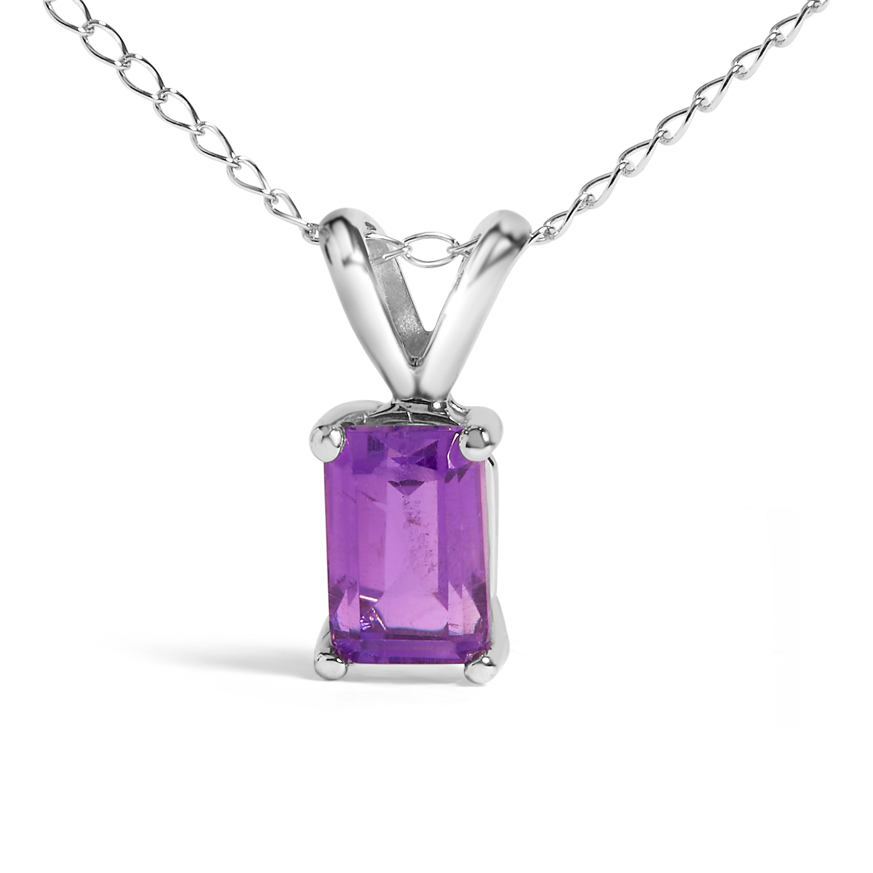 14K White Gold 6x4MM Emerald Cut Purple Amethyst Solitaire Pendant Necklace DestGlow