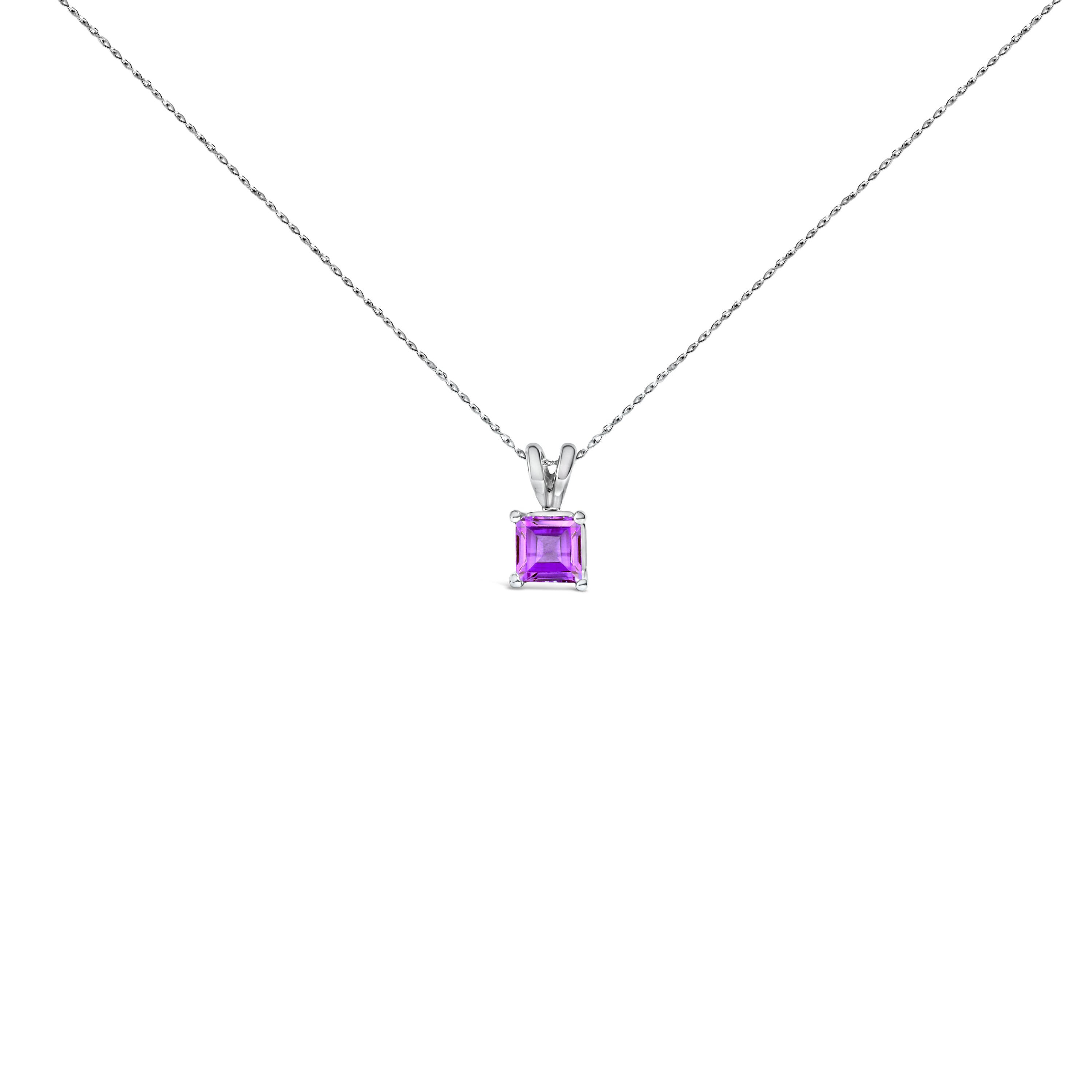 14K White Gold 5x5 MM Square Shaped Purple Amethyst Solitaire Pendant Necklace DestGlow