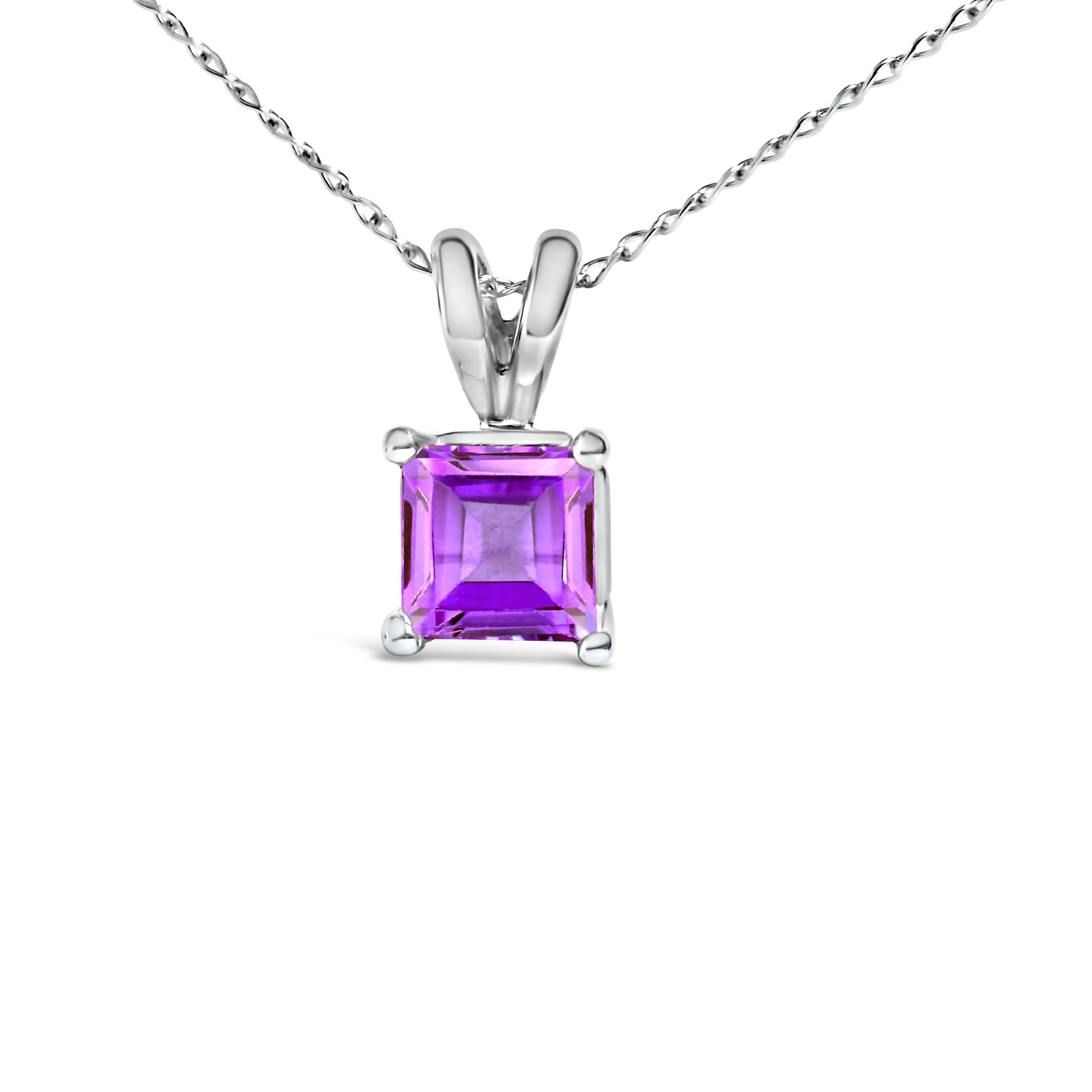 14K White Gold 5x5 MM Square Shaped Purple Amethyst Solitaire Pendant Necklace DestGlow