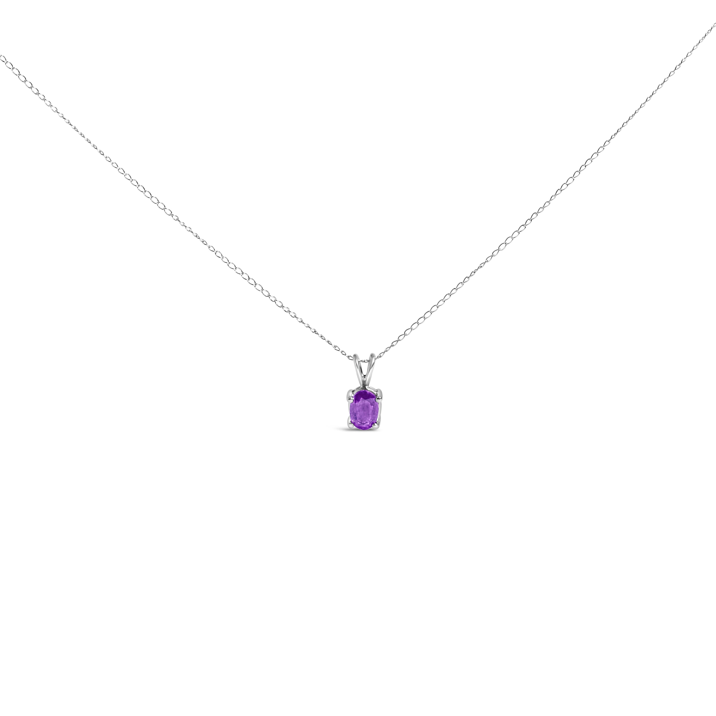 14K White Gold 6x4MM Oval Shaped Purple Amethyst Solitaire Pendant Necklace DestGlow
