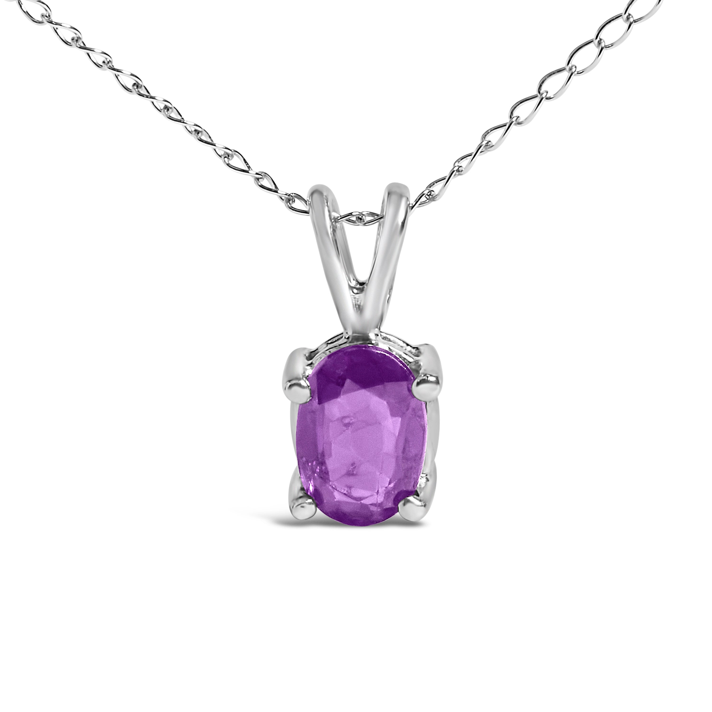 14K White Gold 6x4MM Oval Shaped Purple Amethyst Solitaire Pendant Necklace DestGlow
