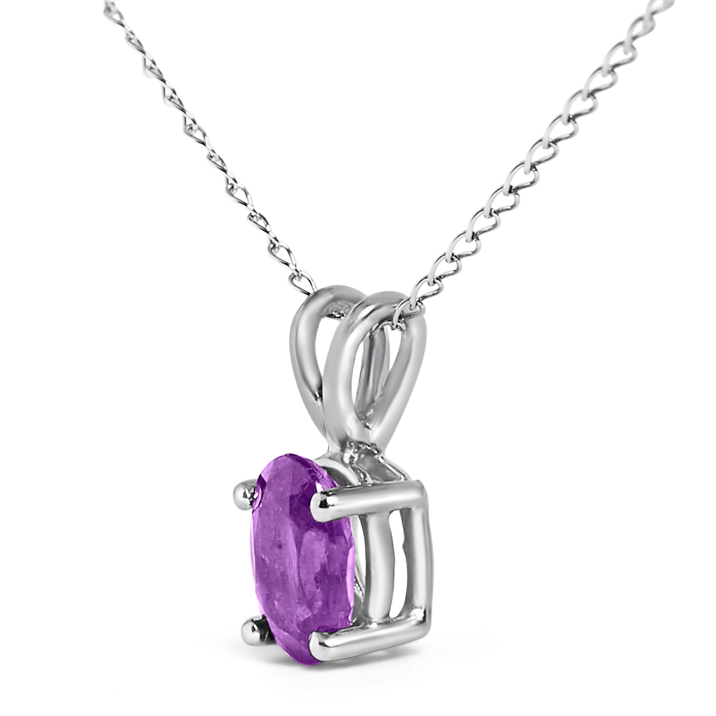 14K White Gold 6x4MM Oval Shaped Purple Amethyst Solitaire Pendant Necklace DestGlow