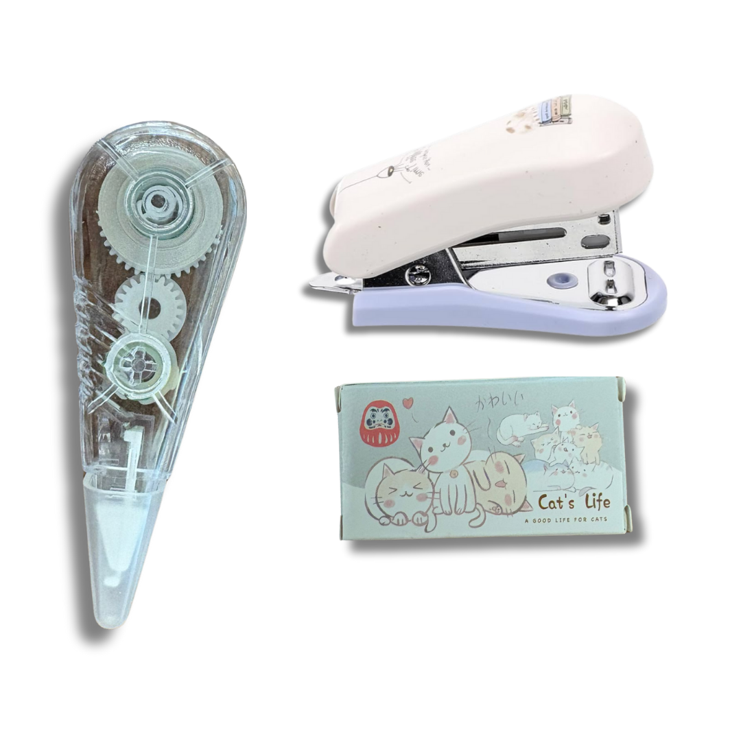 Grapadora pequeña + grapas y cinta correctora – kit escolar DestGlow