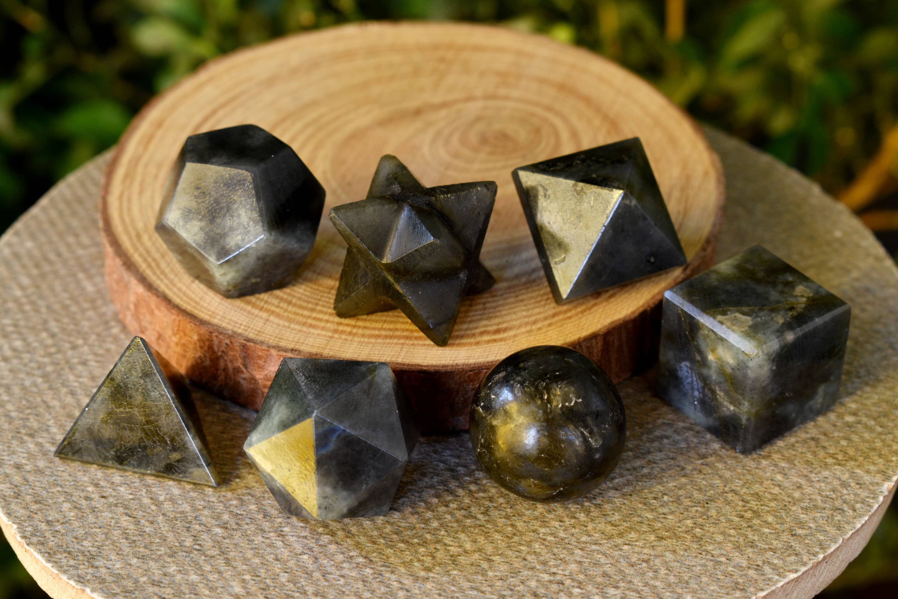 7 pcs Labradorite Platonic Solids Sacred Geometric Set, Crystal Geometry Set DestGlow