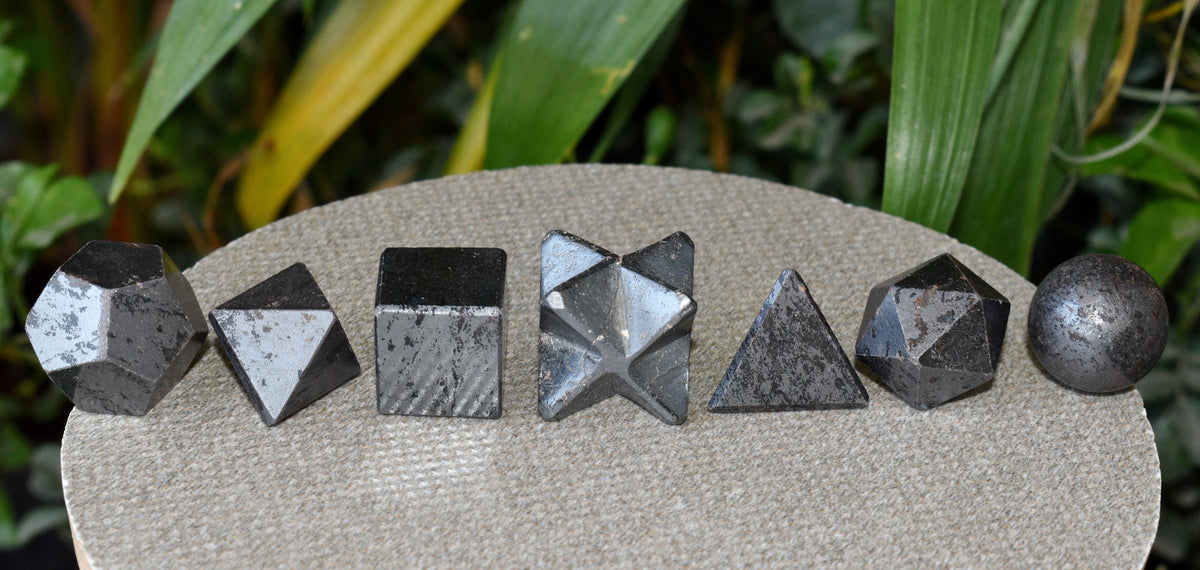 7 pcs Hematite Platonic Solids Sacred Geometric Set, Crystal Geometry Set DestGlow