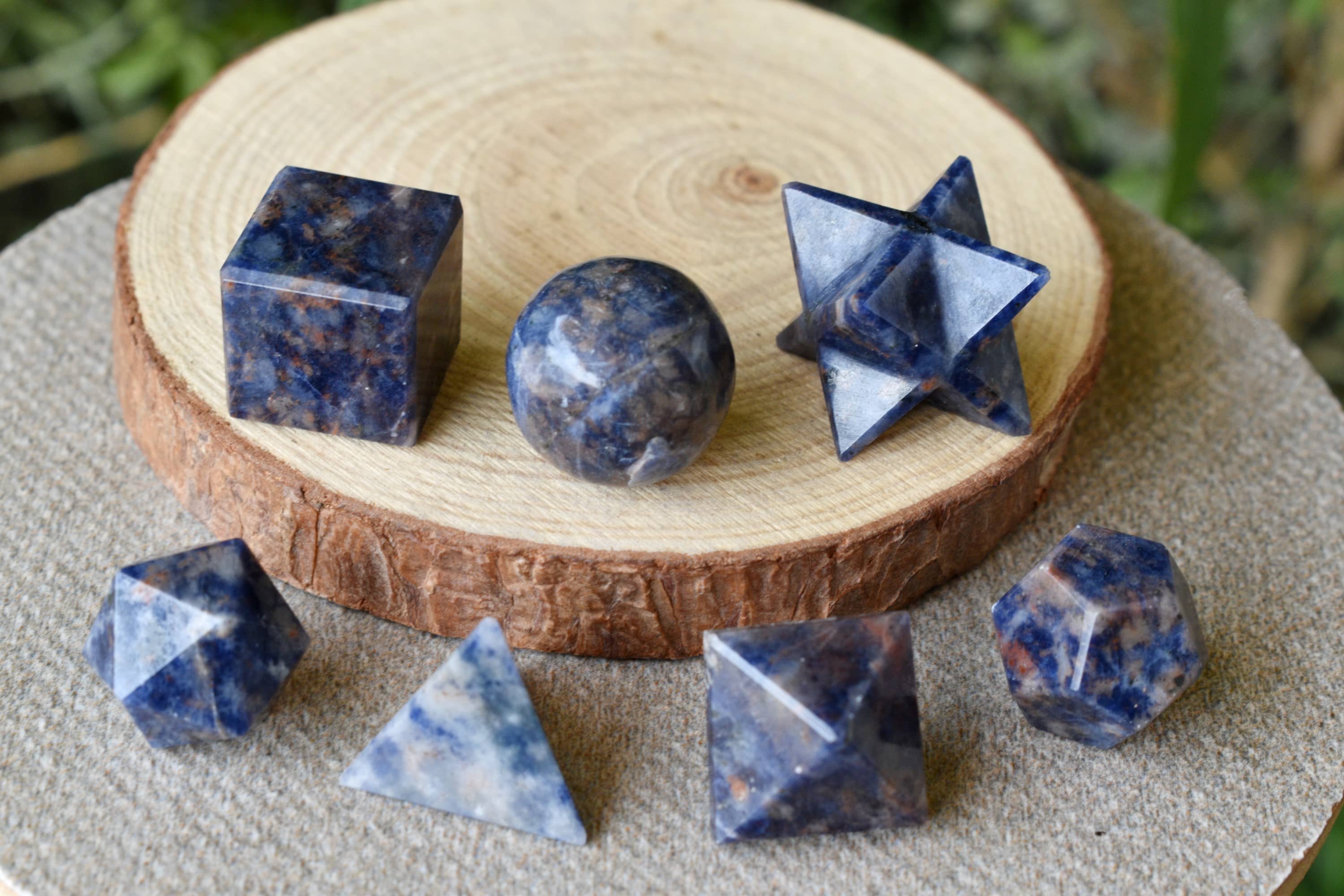 7 pcs Sodalite Platonic Solids Sacred Geometric Set, Crystal Geometry Set DestGlow