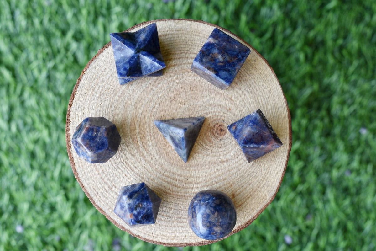 7 pcs Sodalite Platonic Solids Sacred Geometric Set, Crystal Geometry Set DestGlow