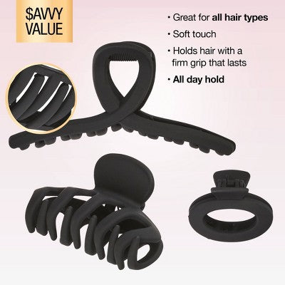 scunci Assorted Styles Claw Clips Matte Black All Hair 3pcs - Imperfect Box by This is Beauty US