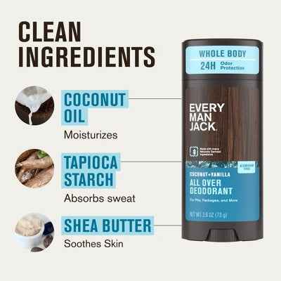 Every Man Jack All Over Solid Deodorant Coconut + Vanilla 2.6oz - New