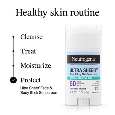 Neutrogena Mineral Ultra Sheer Face and Body Sunscreen Stick SPF 50 1.5oz - Imperfect Container DestGlow