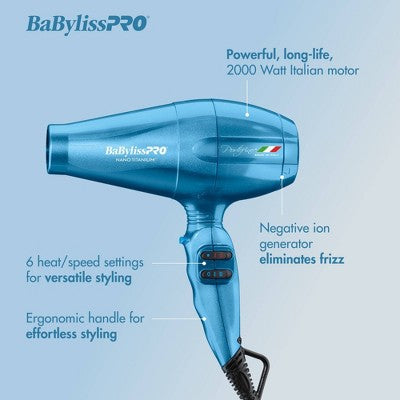 BaBylissPRO Nano Titanium Portofino Full-Size Hair Dryer Blue 2000W - Imperfect Box by This is Beauty US