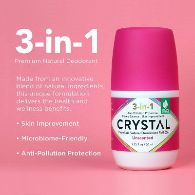 Crystal 3-in-1 Natural Mineral Roll-On Deodorant Unscented 2.25 fl oz - New - DestGlow