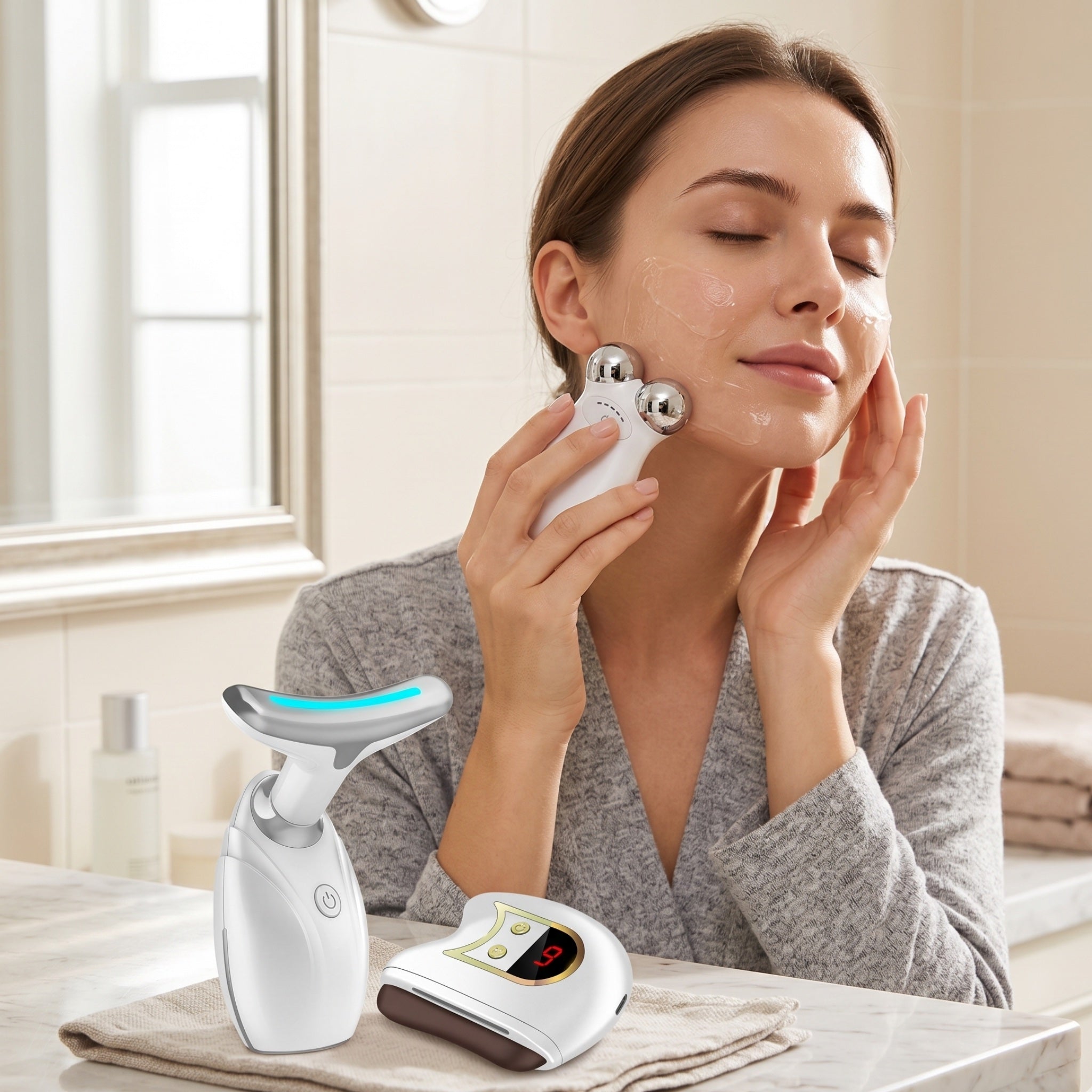 Lift, Sculpt & Glow Toolkit -Set of 3 LED Therapy, Electric Gua Sha & Microcurrent Toning Device for Radiant Skin - DestGlow