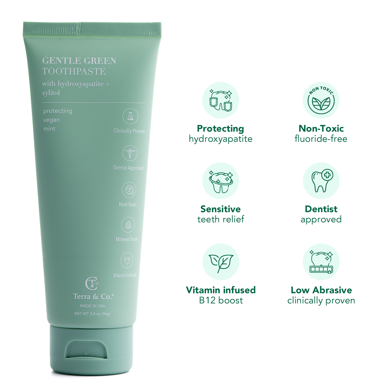 Gentle Green™ Sensitive Toothpaste with Hydroxyapatite & B12 (Fluoride-Free, Natural Enamel Support & Sensitive Teeth Relief) by Terra & Co.