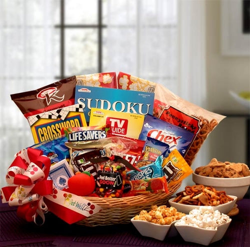 Feel Better Soon Get Well Gift Basket - Snacks, Puzzles & Games in Willow Tray
