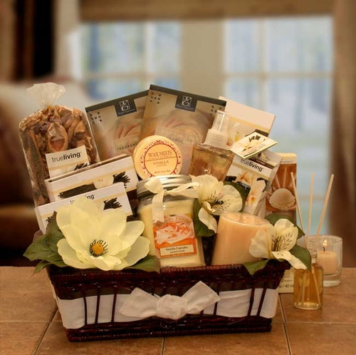 Vanilla Essence Candle Gift Basket - Spa Gift Set for Women with Aromatherapy