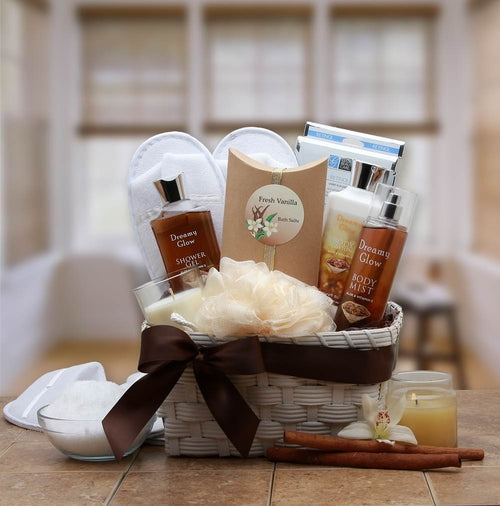Vanilla Spa Gift Basket - Luxury Bath Set with Shea Butter in White Wicker Basket